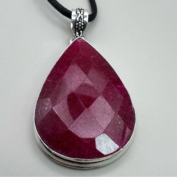 New Faceted Enhanced Ruby Stone Silver Overlay Pendant with Cord - Picture 5 of 5